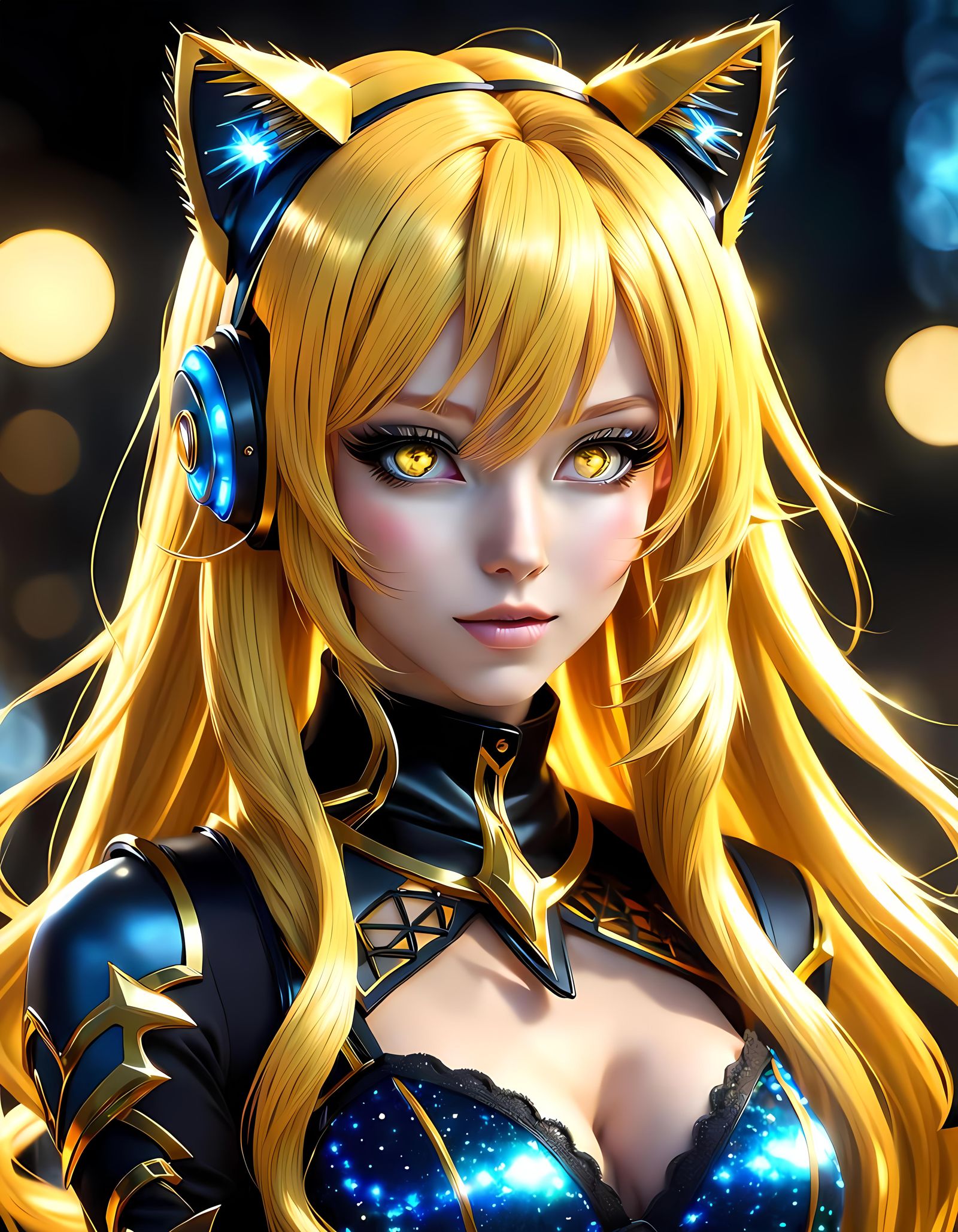 Anime Catgirl with Yellow Hair, Detailed Digital Art