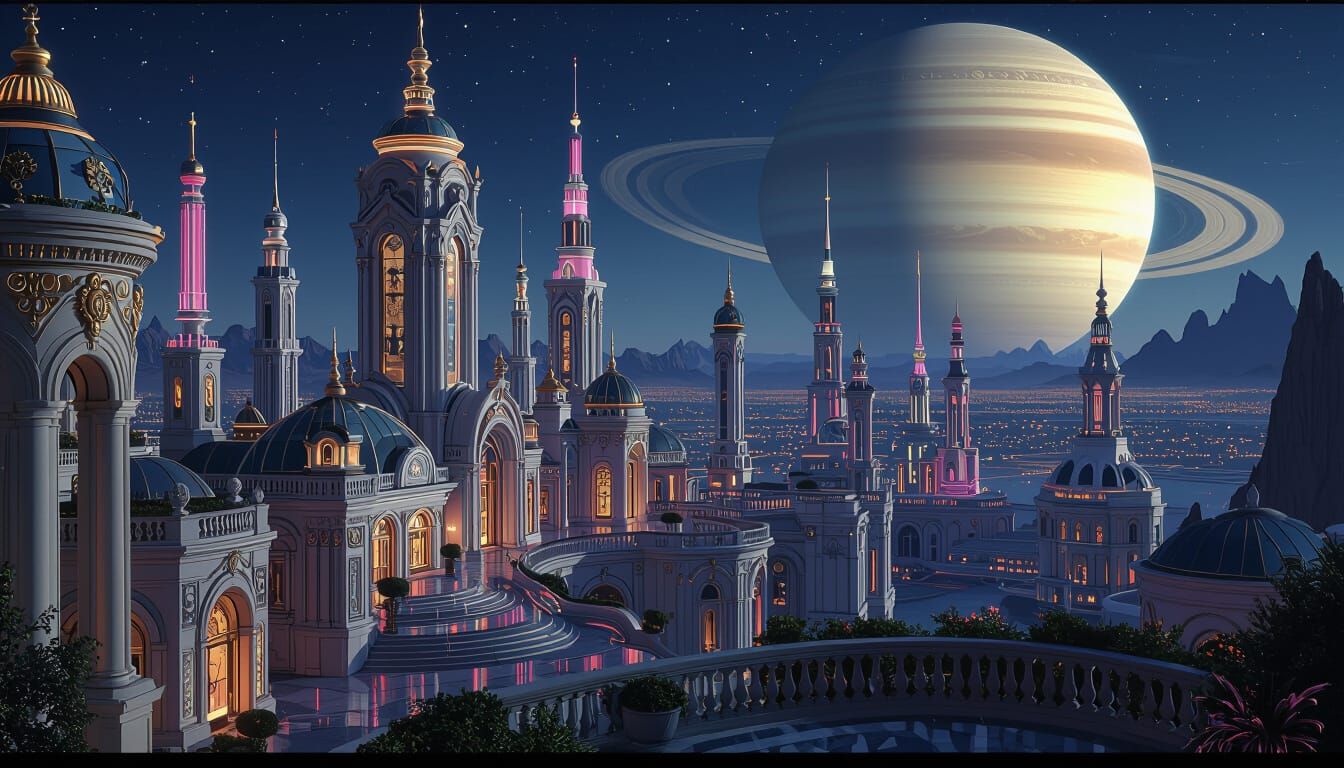 Futuristic Rococo Cityscape on Saturn Moon