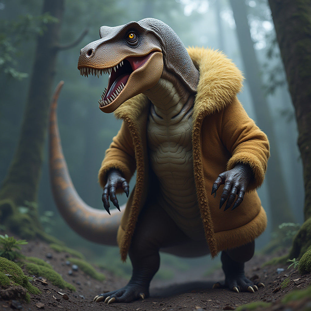 T-Rex in Fur Coat: Detailed Fantasy Concept Art