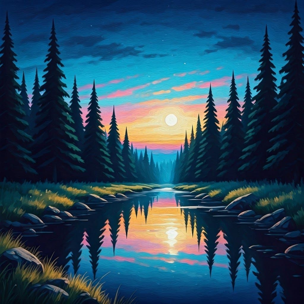Night Waterway Reflects Moon, Dreamy Ethereal Painting