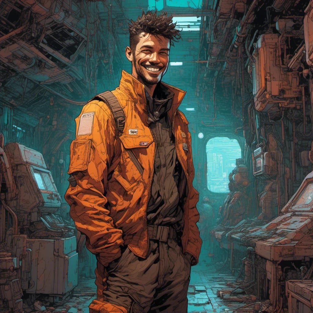 Retrofuturistic Man Proudly Poses with Spaceship