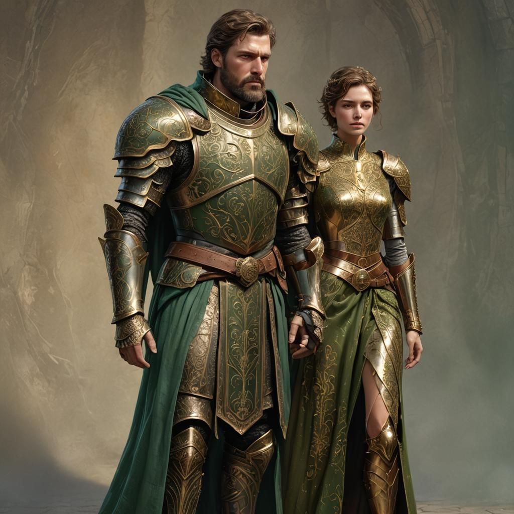Knight in Gold Armor with Elegant Woman
