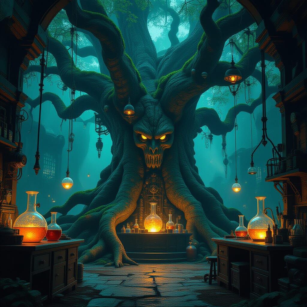 Steampunk Tree Laboratory with Bioluminescent Fungi