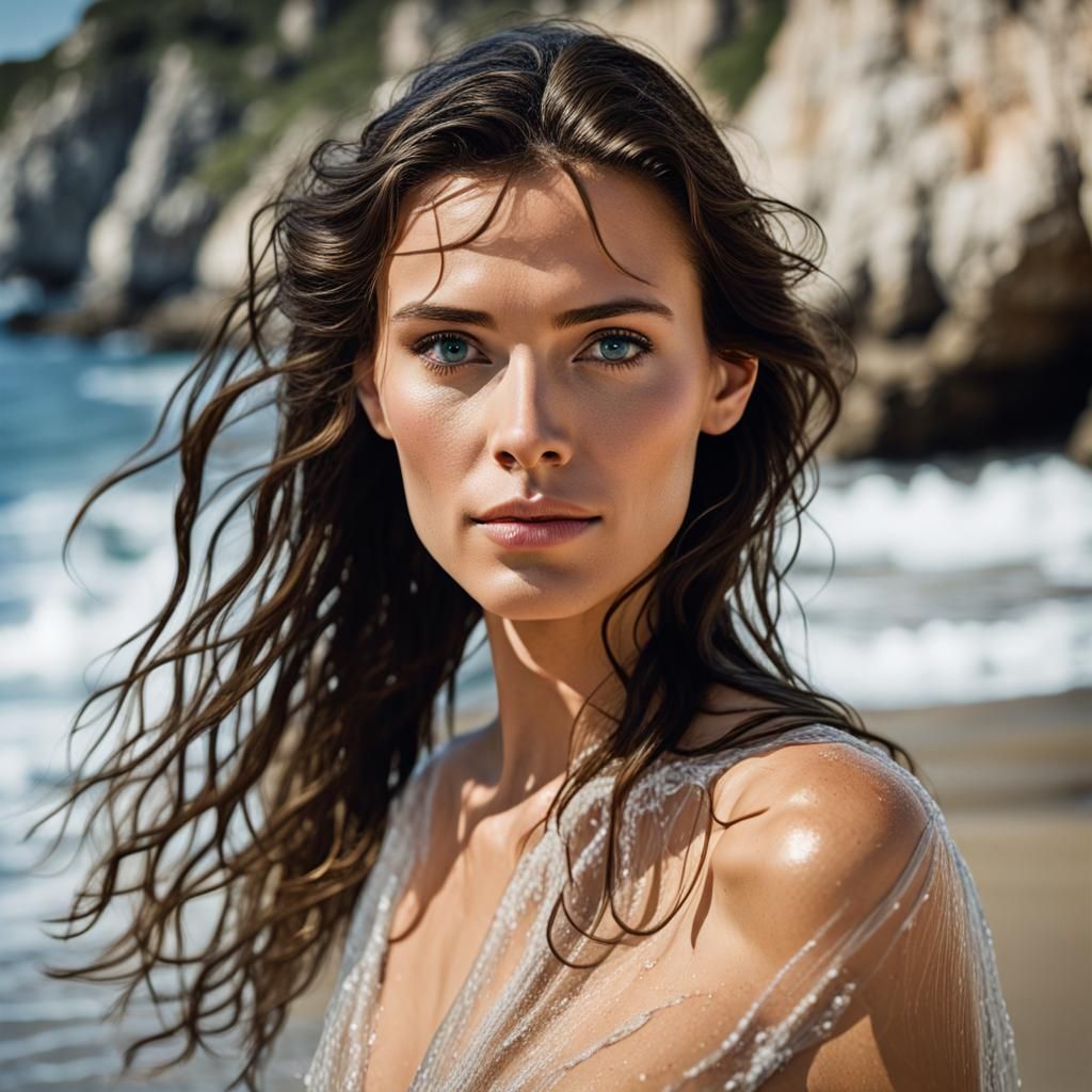 Beach Portrait of Woman with Wet Hair