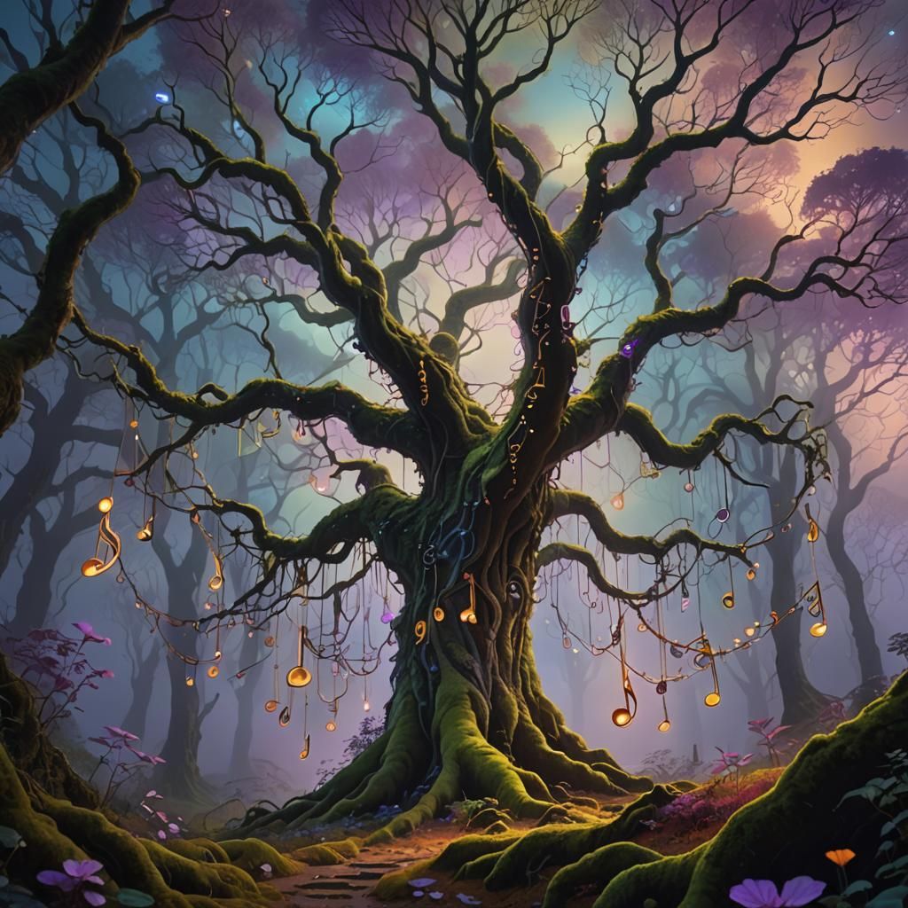 Music Note Tree in Misty Forest, Oil Painting