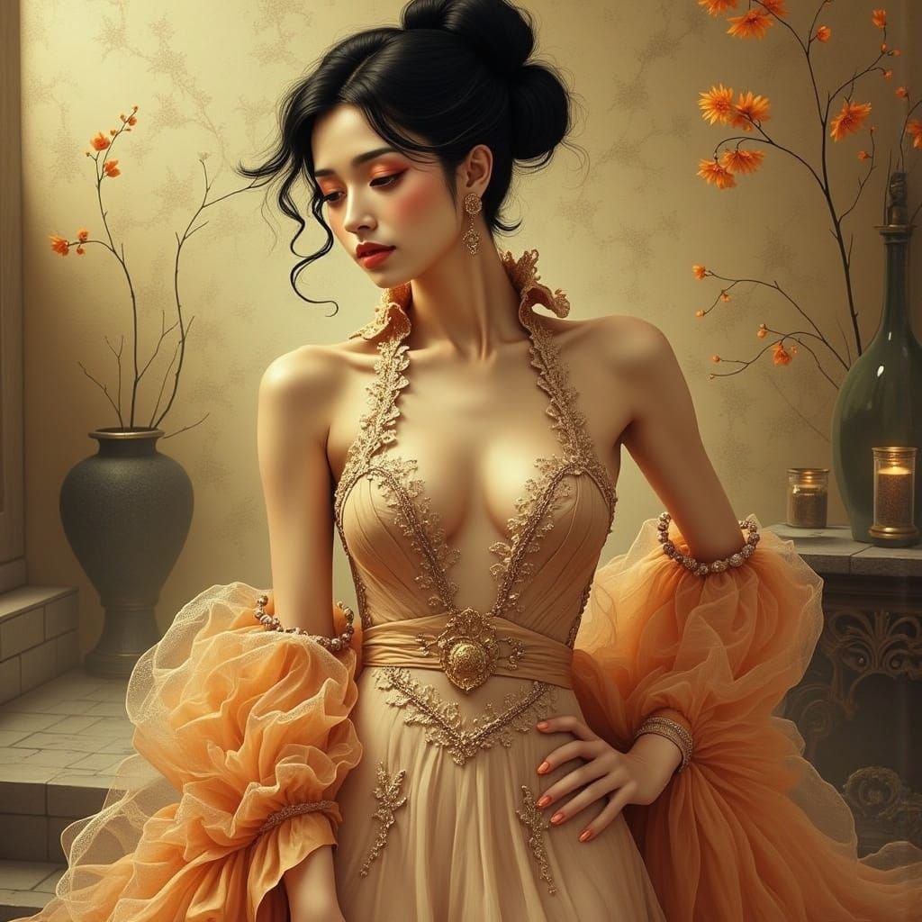 Elegant Woman in Gown: Pre-Raphaelite Fantasy Art