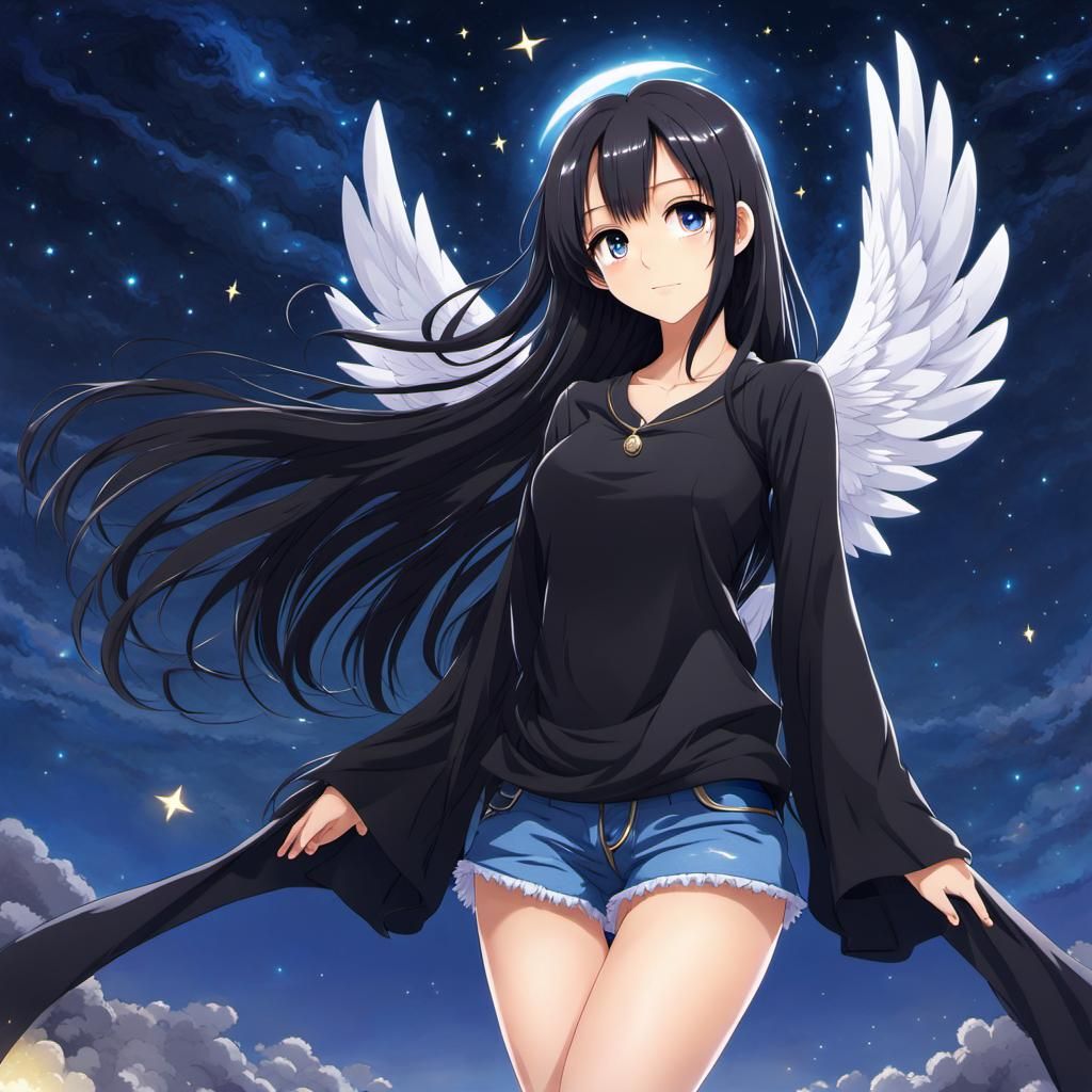 Anime-Style Angel with Starry Night Background