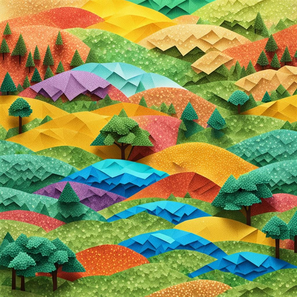 Pointillist Collage Landscape with Origami Papercraft