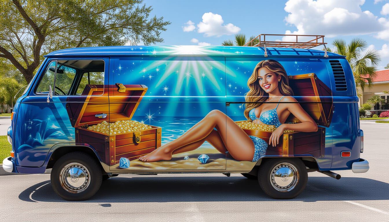 Airbrushed Mural of a Woman on Chevy Van