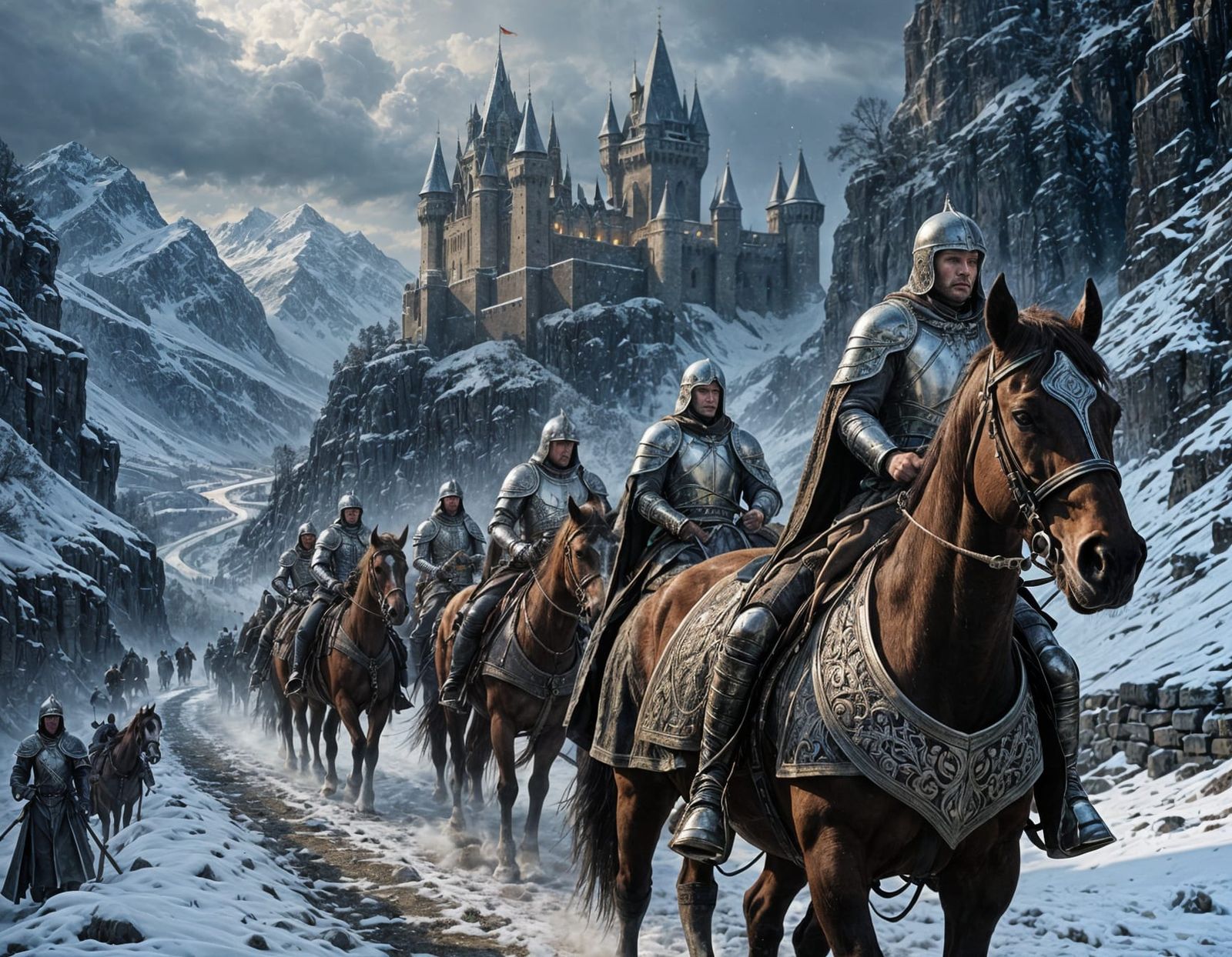 Medieval King Leads Knights Through Snowy Mountain Pass in R...