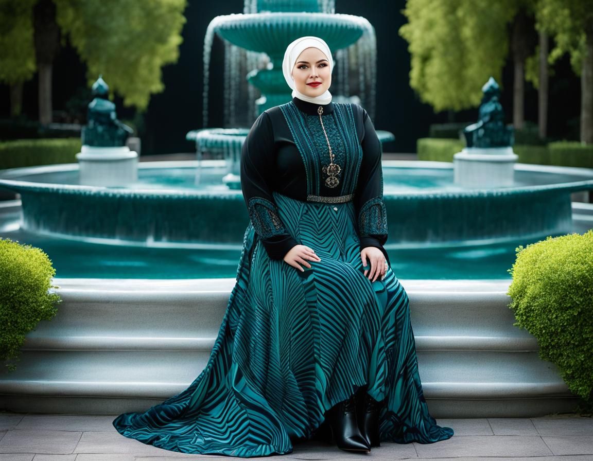 Art Deco Portrait of Woman with Hijab by Fountain