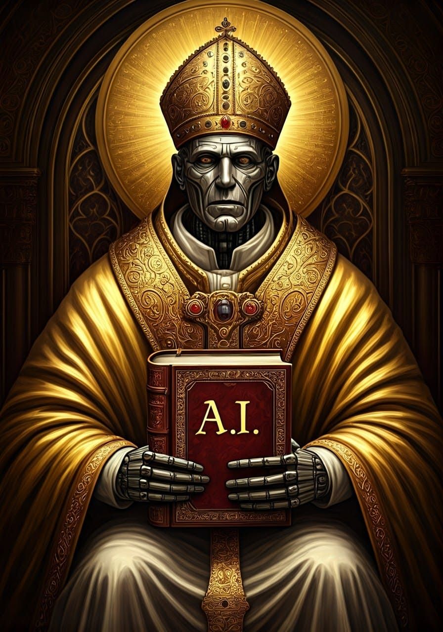 Golden Robot Pope in Splendid Robes and Tiara