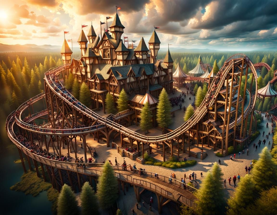 Medieval Amusement Park with Dramatic Lighting