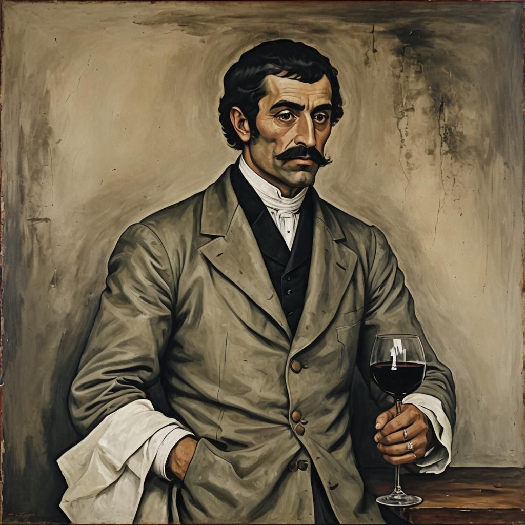 Georgian Man with Wine in Naive Style