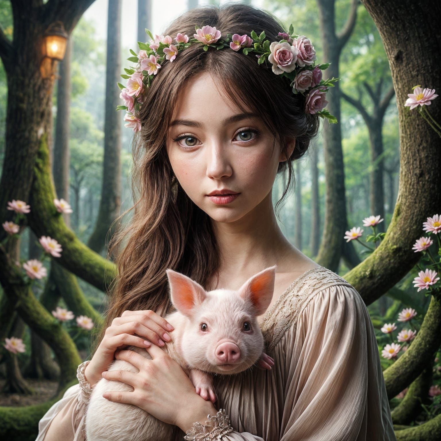 Mystical Enchantress with Pet Pig in Kawaii Style