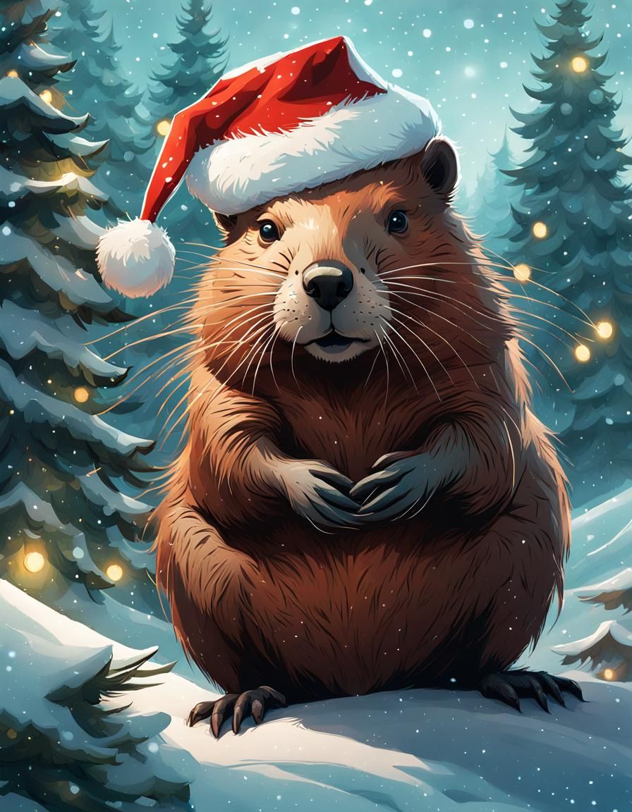 Beaver in Santa Hat Christmas Scene