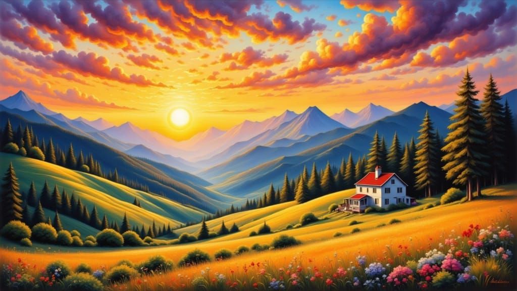 Serene Sunset Over Rolling Hills in Storybook Style