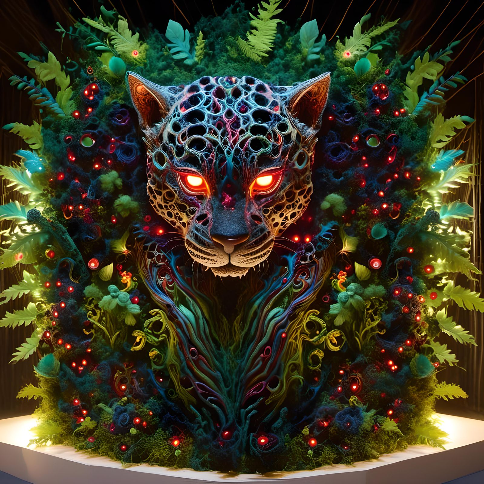 Jaguar Merging with Biomechanical Fern, Surreal Illustration