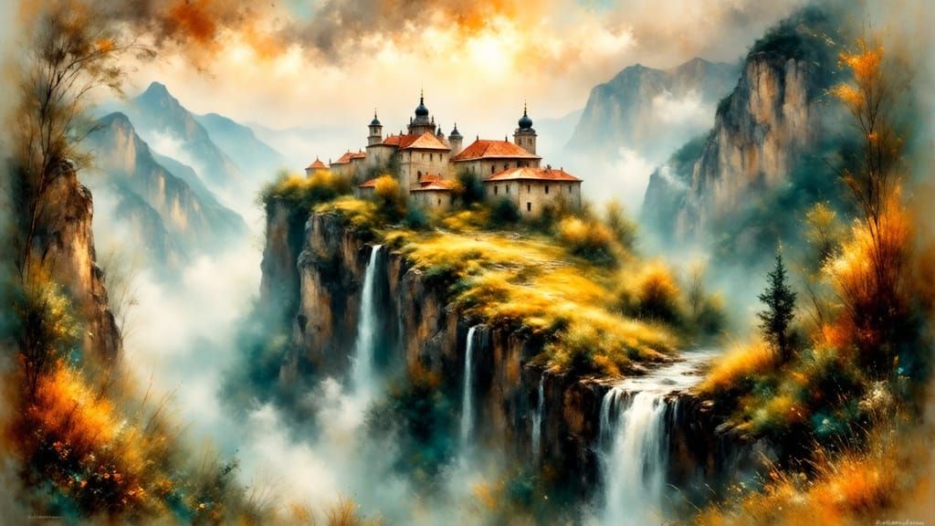 Ancient Monasteries in Misty Atmosphere Watercolor Style