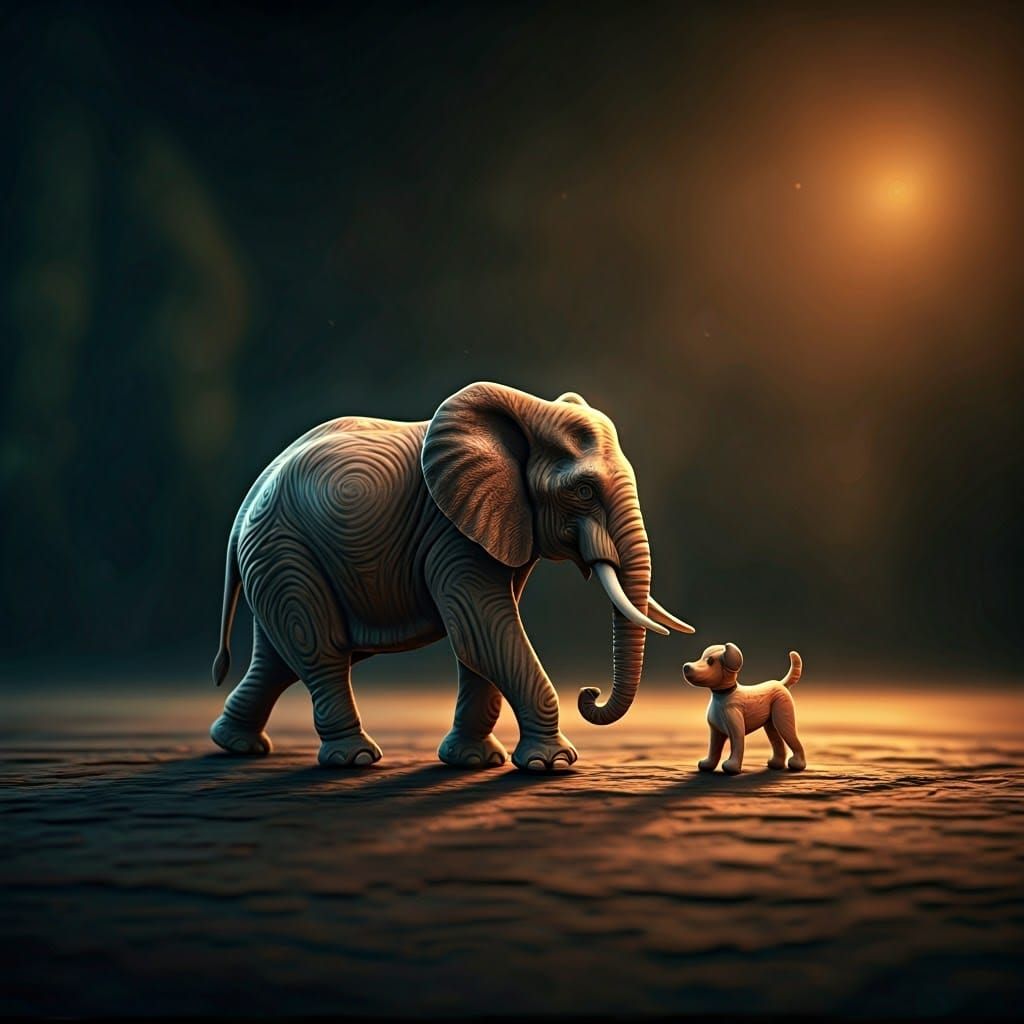 Miniature Wooden Elephant and Dog in Dreamlike Art