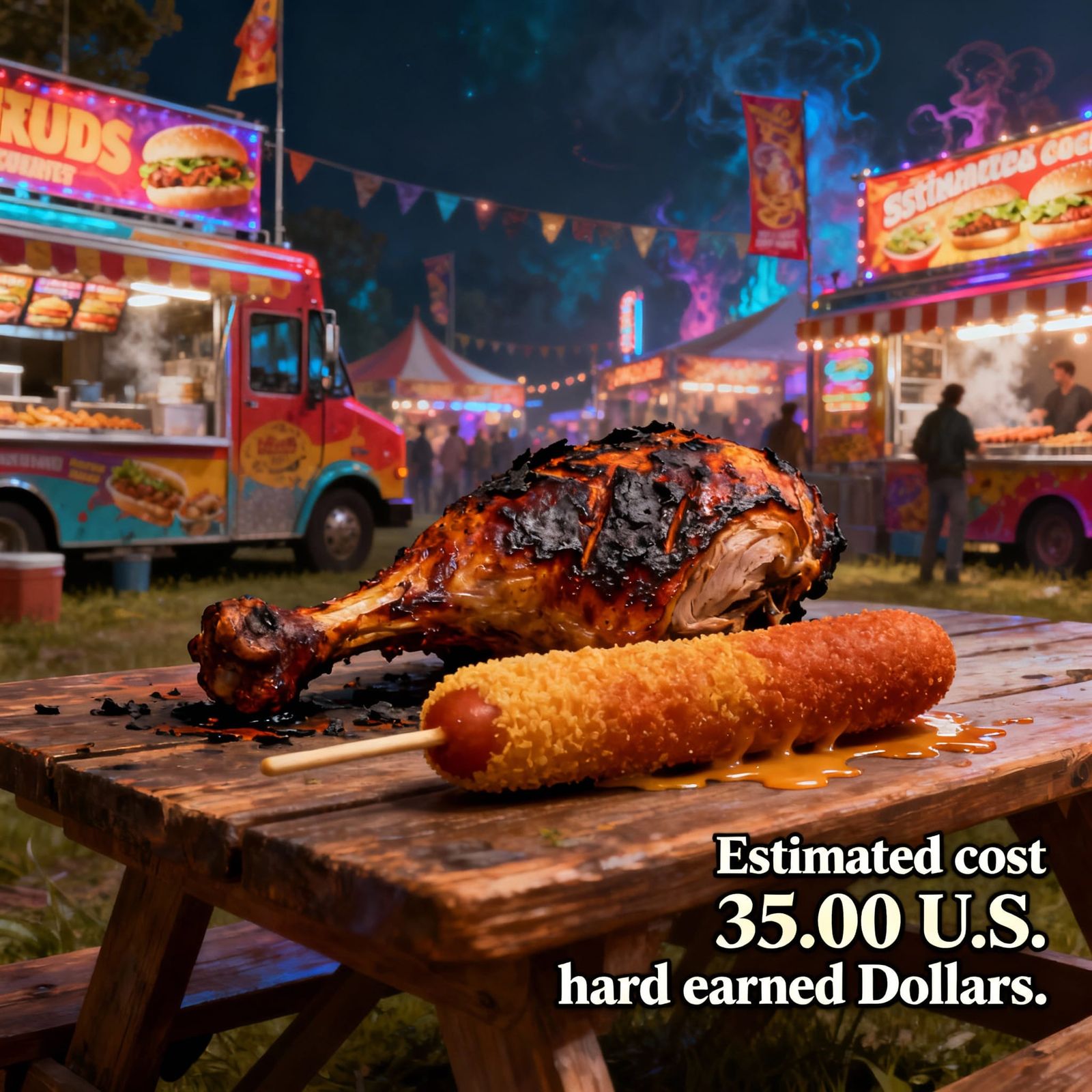 Went to the Food truck festival.  We got a burnt hard Turkey Leg. We also got a one foot long corn dog. It was very good...