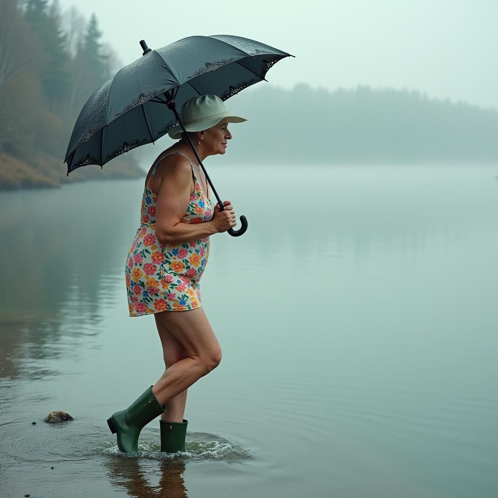 Elderly Woman Walks into Lake: Atmospheric Folk Art