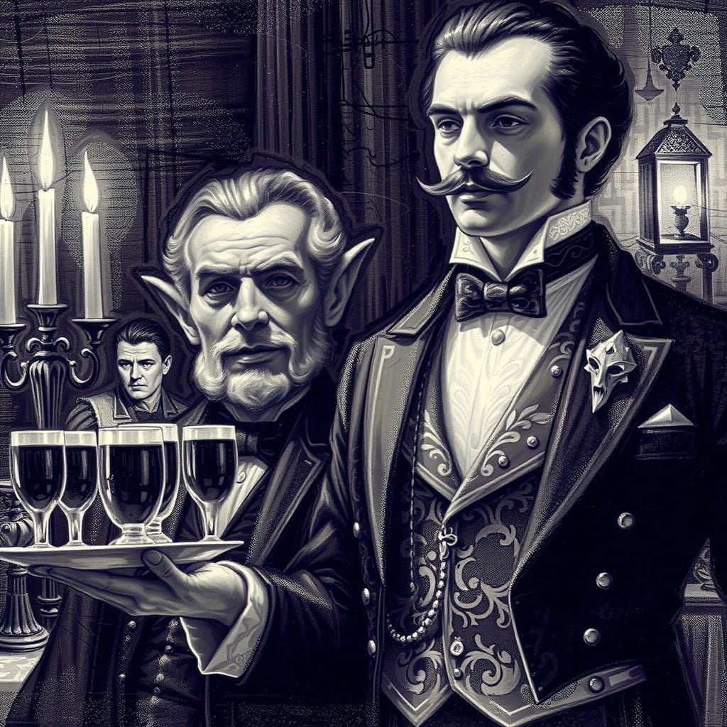 el mayordomo del Conde Drácula, pintura al carboncillo, estilo impresionista