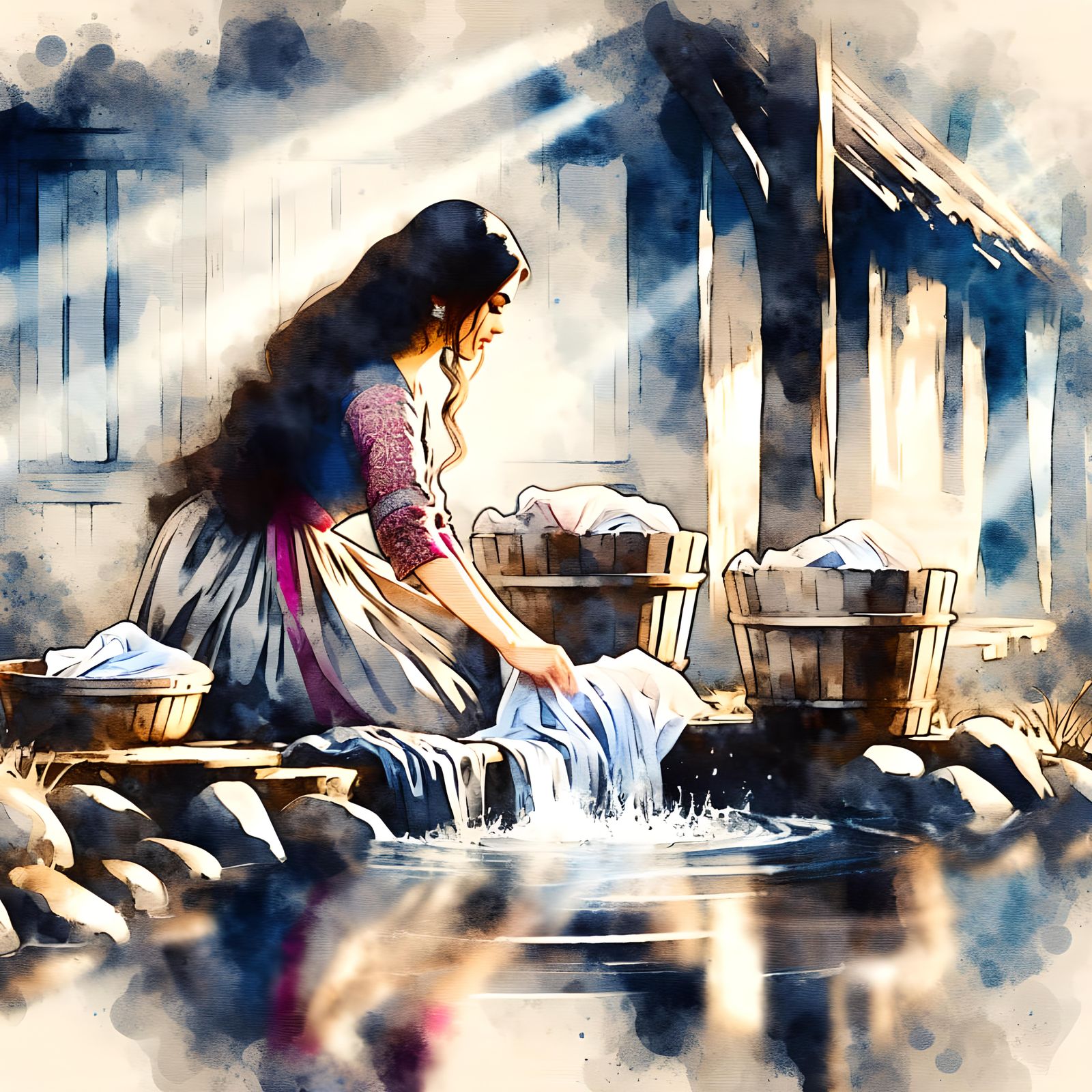Washer Woman in Watercolor Style Painting