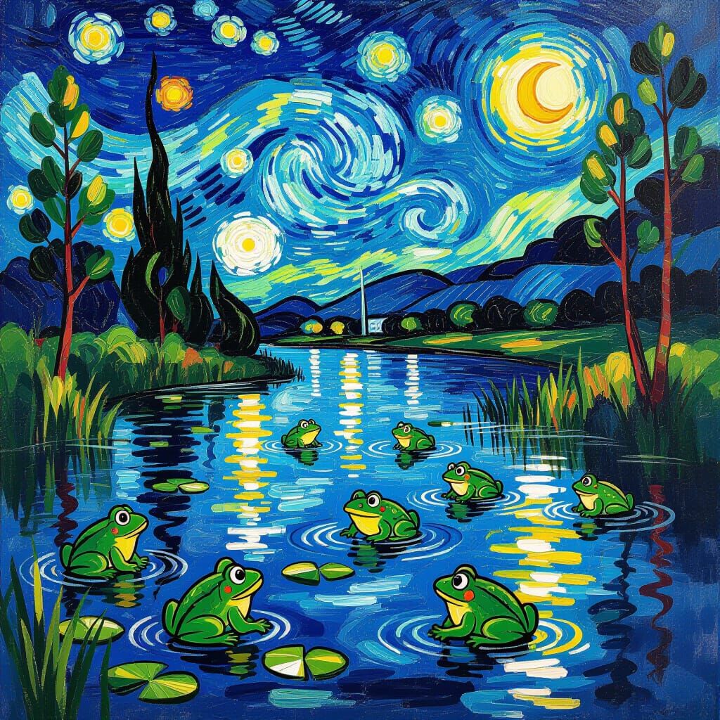 Swamp Frogs in Van Gogh Style Under Moonlight