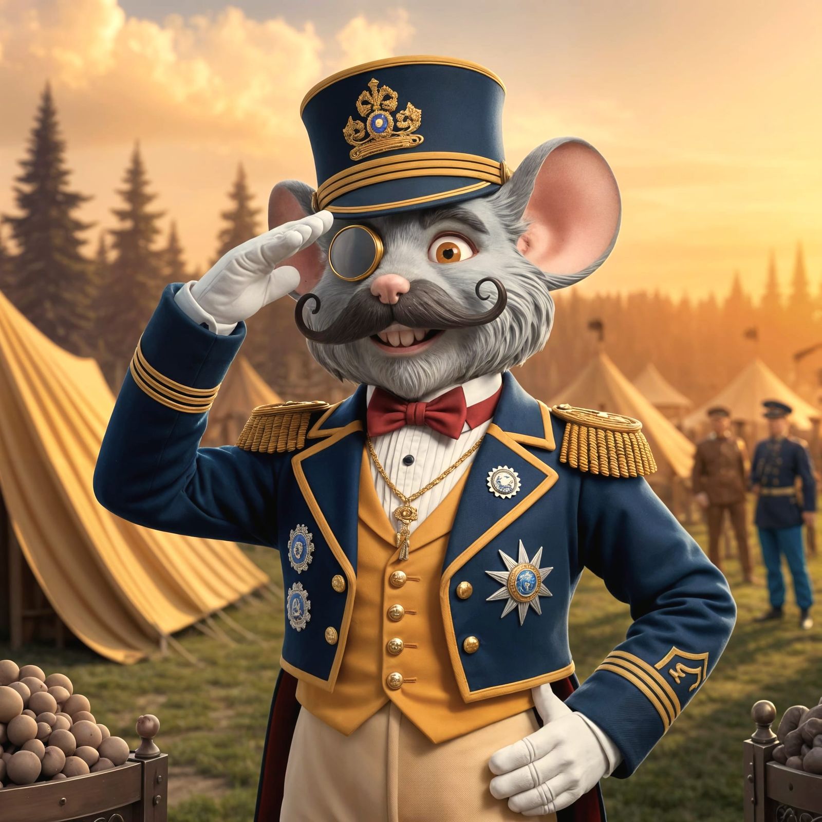 Whimsical Mouse Major Salutes in Golden Sunset