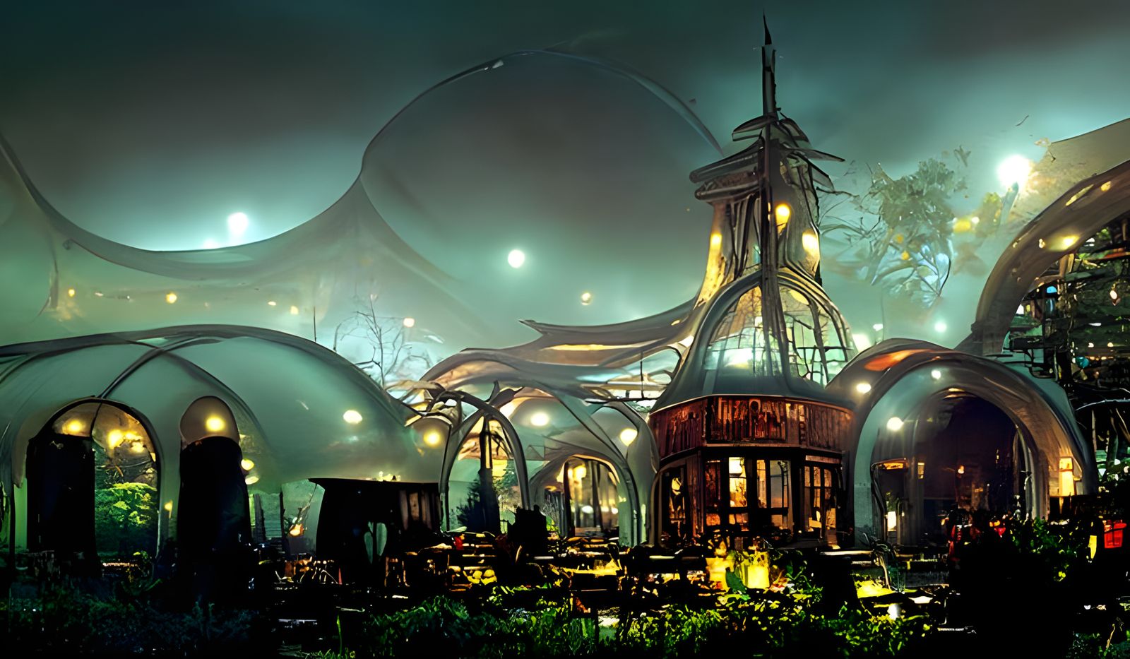 Intricate Biopunk Cafe at Night in 4K