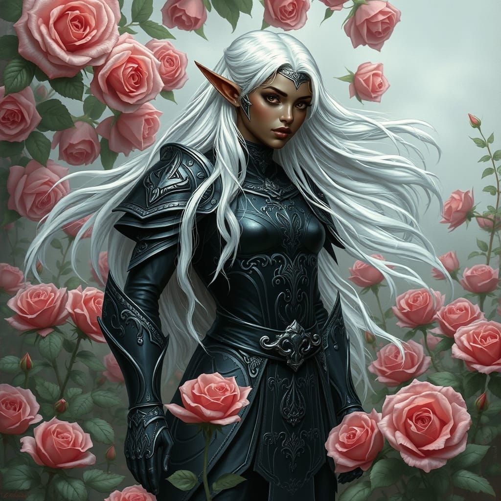 Dark Elf in Rose Field: Alphonse Mucha Style