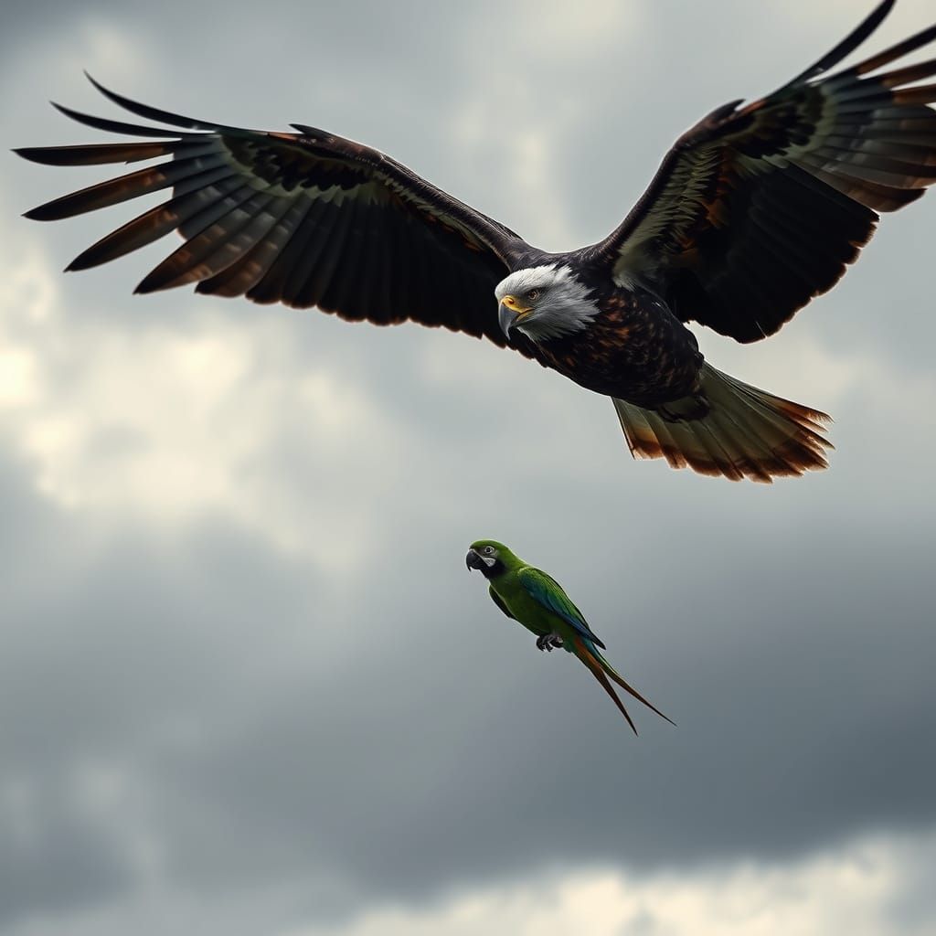 Sad Eagle and Parrot Flying Under Cloudy Skies