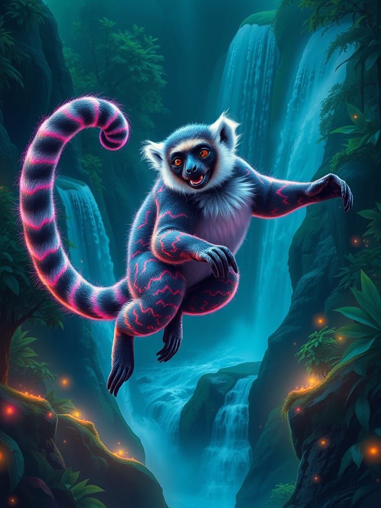 Gigantic Smiling Lemur Leaps in Jungle with Waterfalls