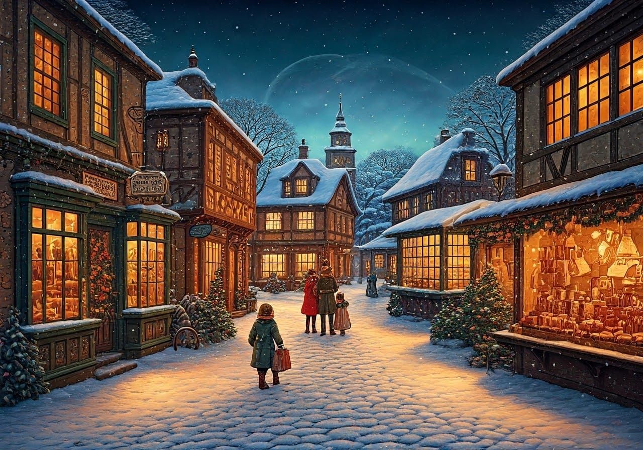 Victorian Winter Market Scene in Deep, Rich Colors