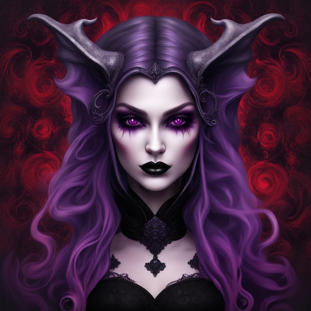 A beautiful female gargoyle dressed in Gothic attire with de...