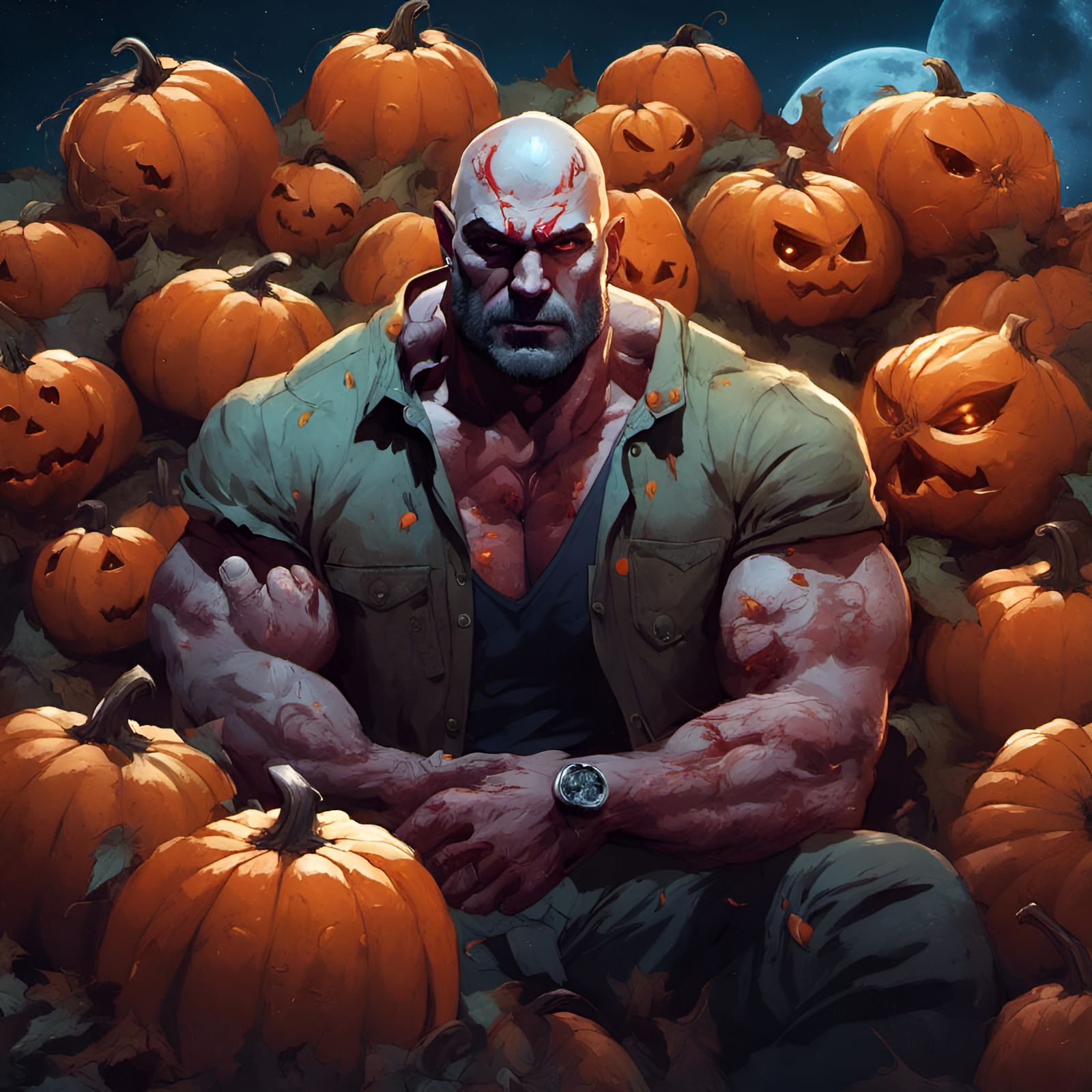 Drax Portrait with Pumpkins in Digital Illustration Style