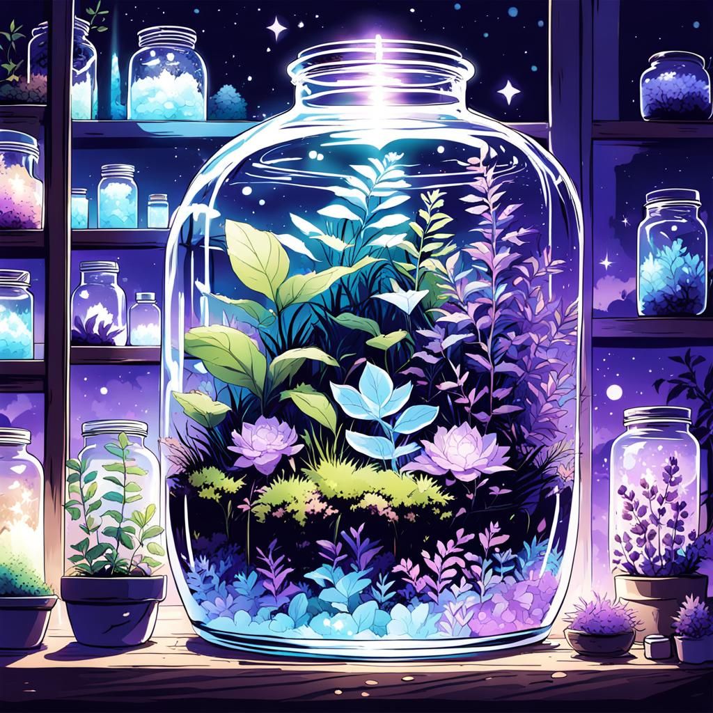 Bioluminescent Terrarium at Night in Anime Style