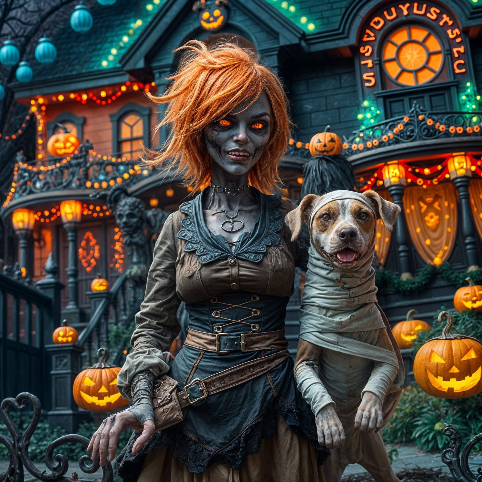 Zombie Woman and Mummy Dog Trick-or-Treating