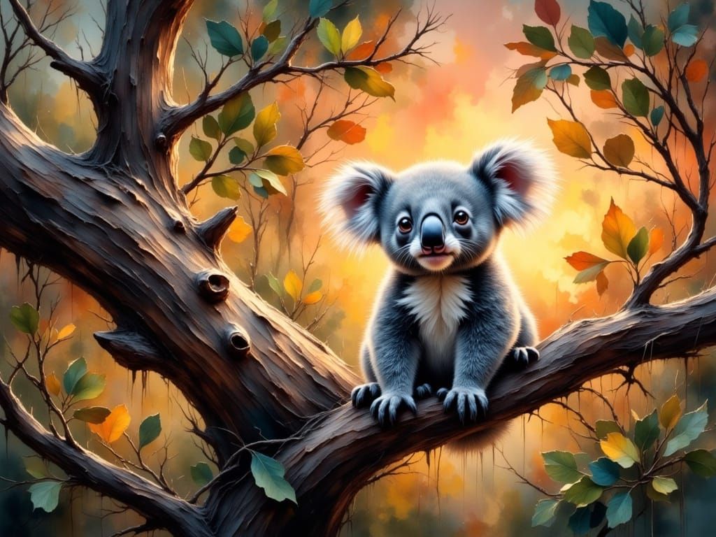 Whimsical Eucalyptus Forest Scene in Smoldering Sunset Light