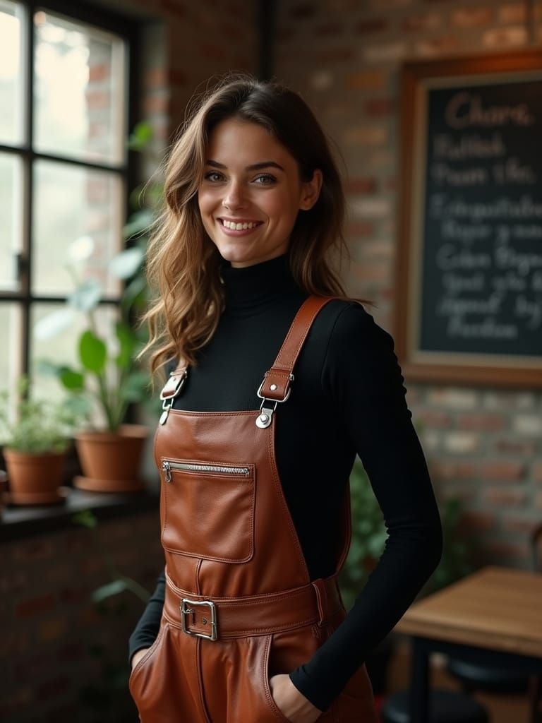 Stylish Woman in Leather Overalls Indoors
