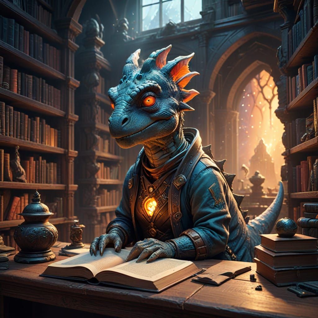 Dinosaur Librarian in Whimsical, Fantasy Library