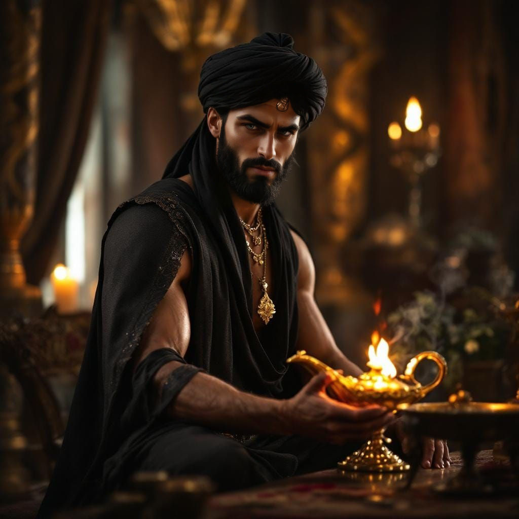 Handsome Arabian Man with Magic Lamp in Tom of Finland Style