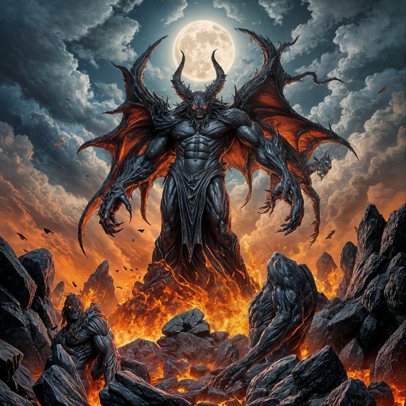 Powerful Demonic Figure in Fiery Landscape