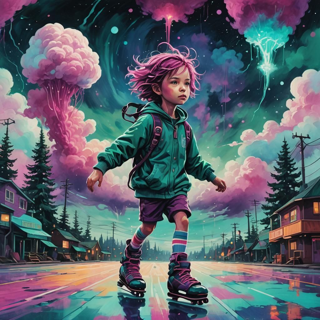 Child Roller Skating in a Dreamlike World