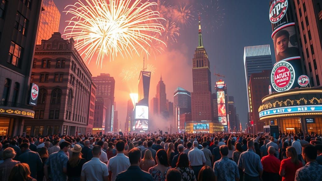 Kaleidoscopic City Square in Vibrant Festive Atmosphere