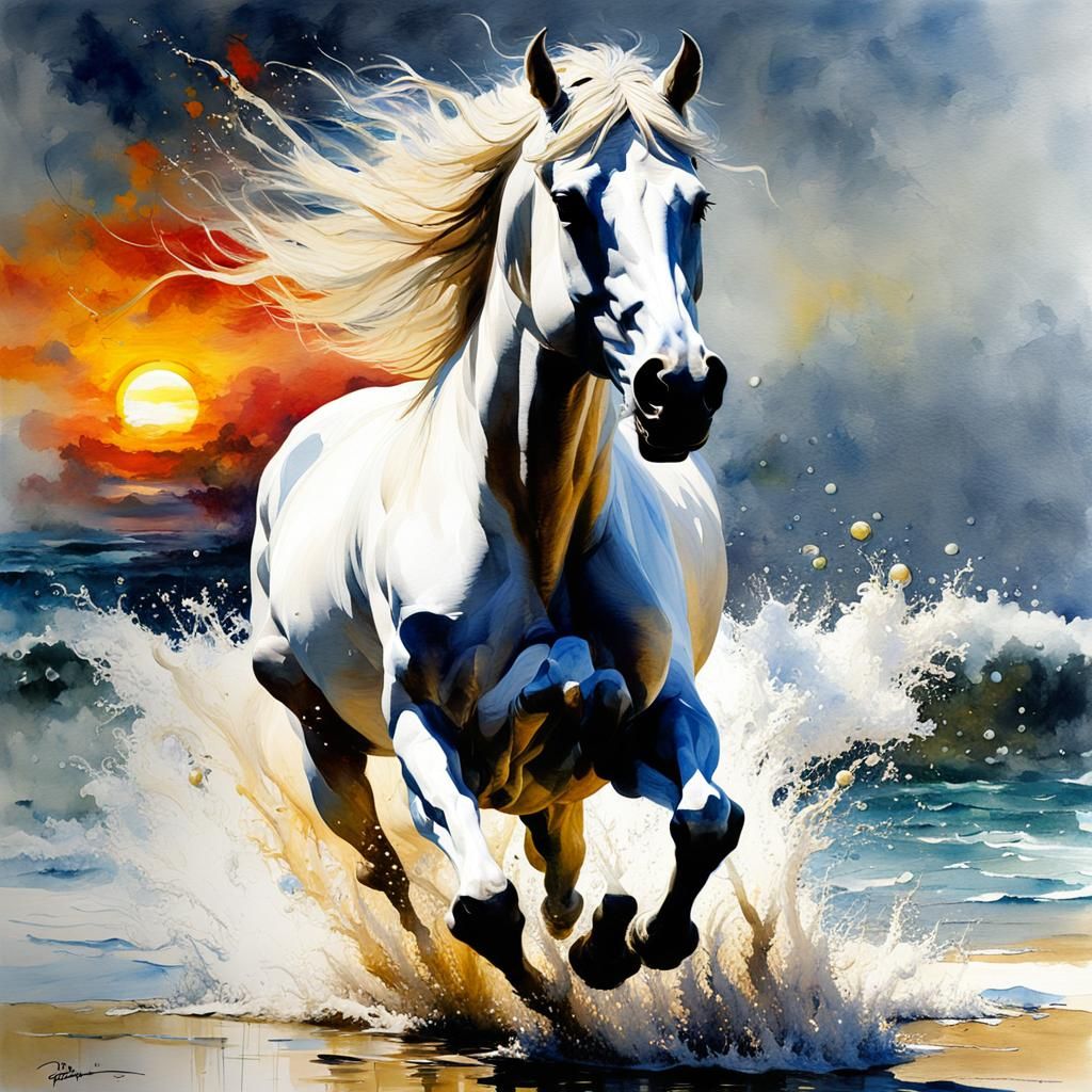 White Horse Running in Water, Watercolor Painting