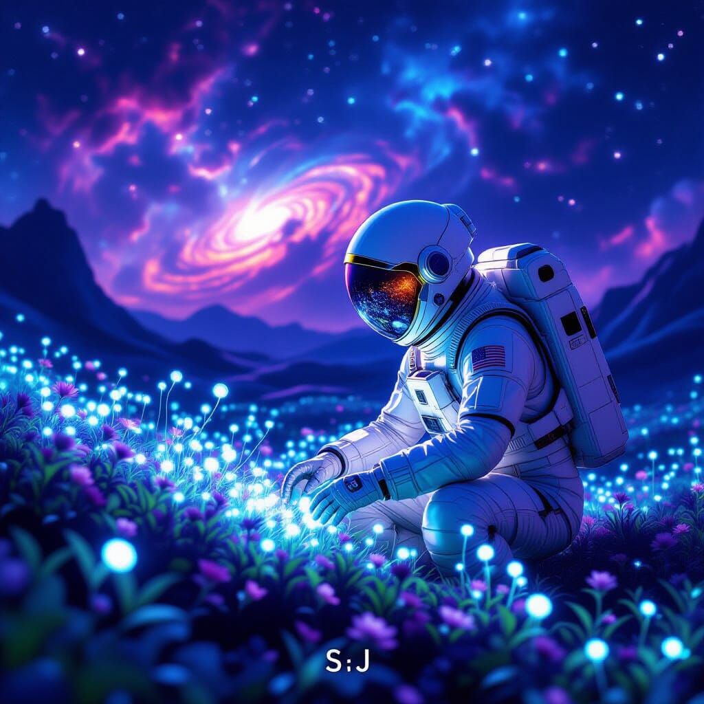 Astronaut Tends Alien Garden Under Nebula Sky