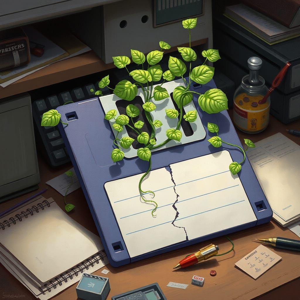 Vines Emerge from Floppy Disk in Whimsical Style