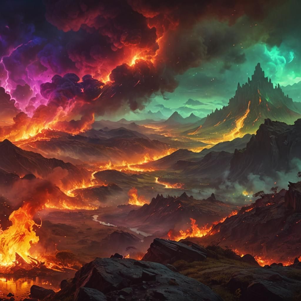 Epic High Fantasy Flaming Landscape in Graffiti Style
